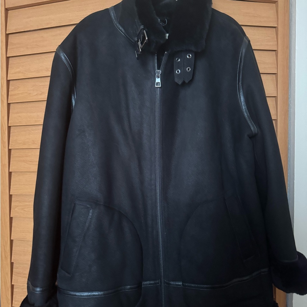 Wolfie Furs sheepskin shearling leather bomber jacket black size XXL (52)